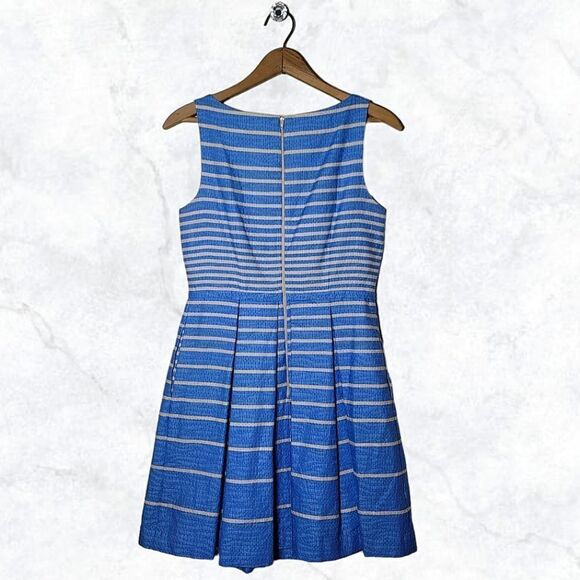 Taylor (Anthropology) Textured Pleated Striped Blue & White Fit & Flare Dress - Picture 5 of 8